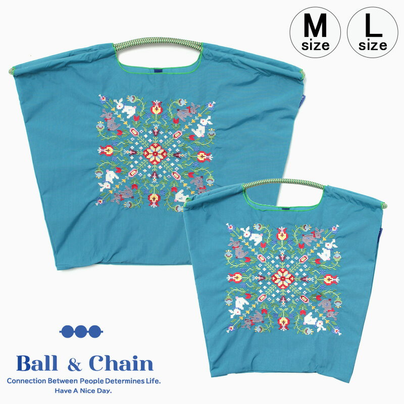 【正規品】ボールアンドチェーン エコバッグ ball&chain ウィズフラワー WITH FLOWER ターコイズ TURQUOISE オリジナル Mサイズ Lサイズ ショッピングバッグ トートバッグ A4 刺繍 ball and chain