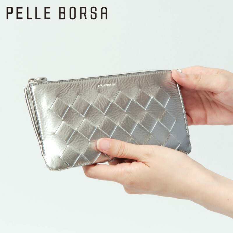 Rakuten - 【10％クーポン】PELLE BORSA ペレボルサ 財布 長財布 スリム 薄い レディース メッシュ L字ファスナー カード 大容量 本革 イントレチャート エナメル シルバー メタリック CHRONO LUCE 5854