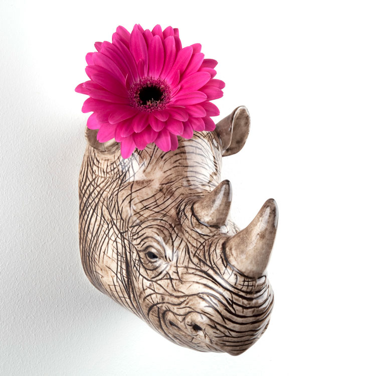 Rhino WallVase サイの壁掛け イギリス QuailQuail Ceramics アニマルヘッド 動物 置物 オブジェ インテリア 陶器 花瓶