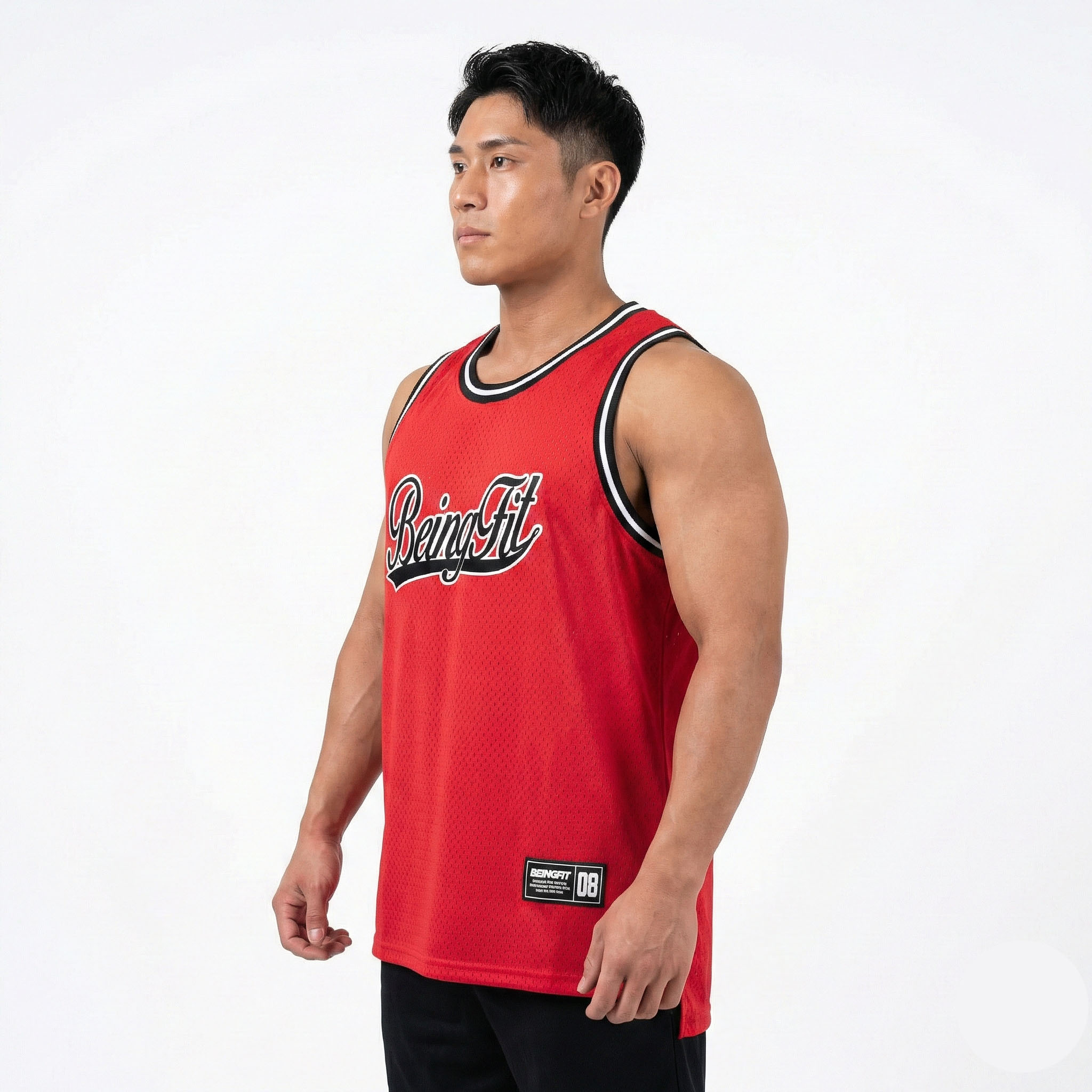 BEINGFIT タンクトップ メンズ トレーニングウェア メッシュ 筋トレ ジムウェア 正規品 マッスルフィット 通気性 吸汗速乾 ロゴ ナンバリング ノースリーブ ウェア 男性 ジム ボディビル 夏 黒 赤 大きいサイズ