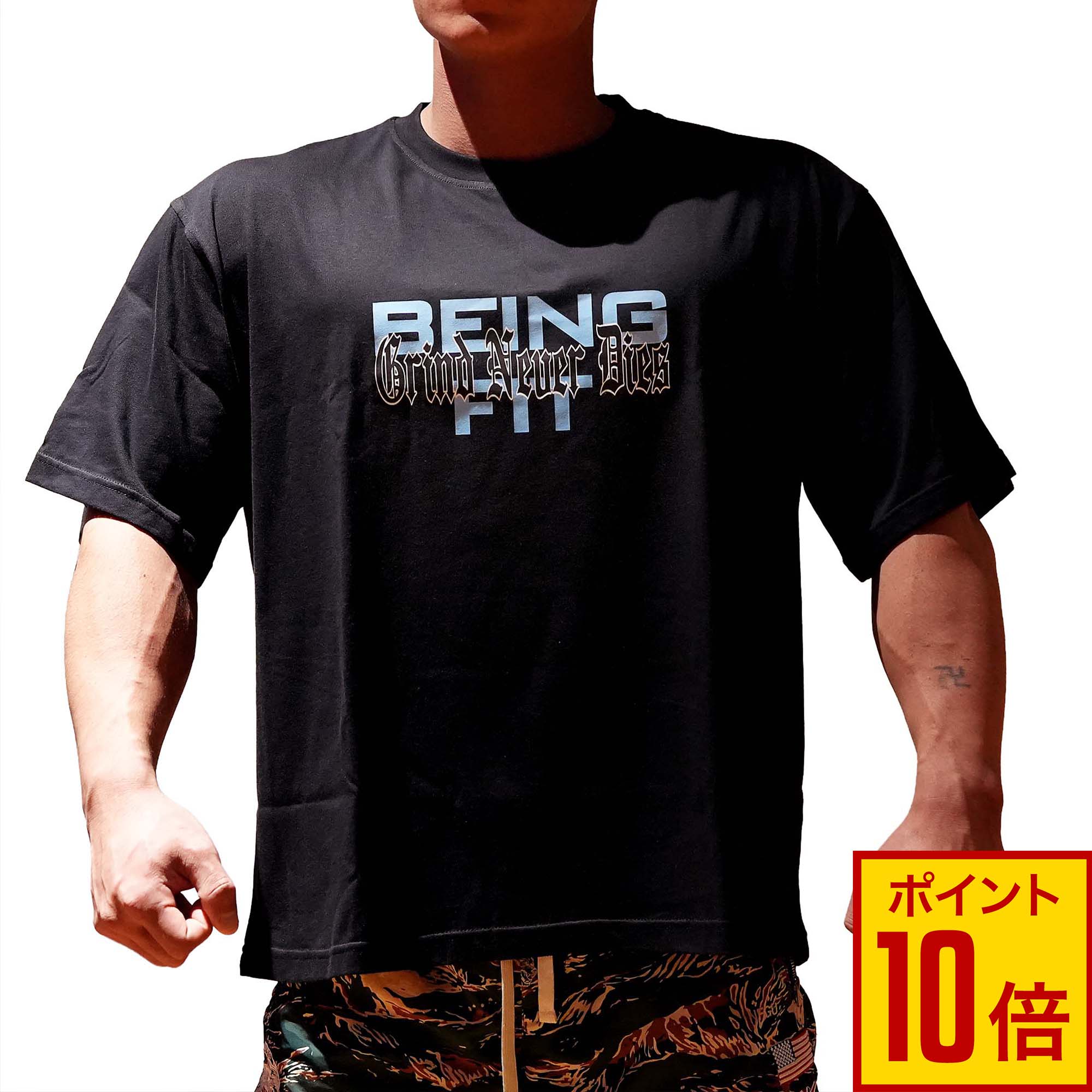 Rakuten - 【15日限定♪エントリーでP10倍+5%OFFクーポン】BEINGFIT ATHLETIC オーバーサイズTシャツ メンズ 半袖 トレーニングウェア ジム フィットネス おしゃれ アウトドア スポーツ 運動 部活 吸汗速乾 ブラック 大きいサイズ M / L / XL / XXL
