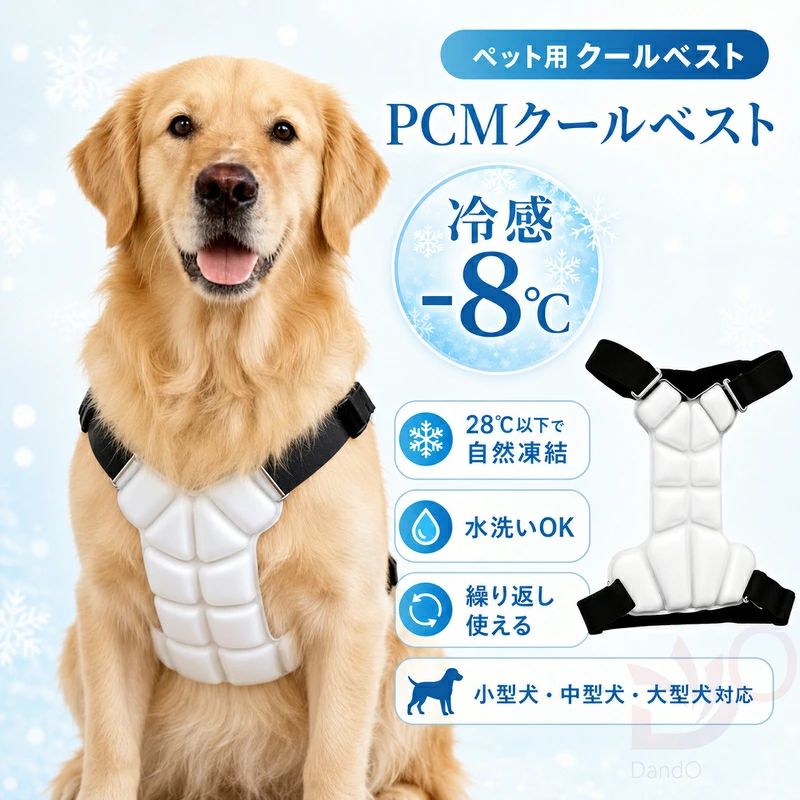 商品説明 商品名 ペット用 冷感クールベスト（PCM冷却素材採用） 素材 PCM素材（相変化物質）、TPU、高弾性ポリエステル、金属（バックル部） 特徴 【次世代PCM冷却素材を採用】 28度以下の環境で自然に凍結するPCM素材を使用。冷えすぎることなく、ワンちゃんの体温を長時間心地よく快適に保ちます。 【電源不要・繰り返し使用可能】 結露の心配がなく、溶けても冷水や冷蔵庫で冷やせば短時間で再結晶。散歩や外出先でも手軽にひんやり感が復活し、経済的にお使いいただけます。 【独立分割＆厚み約1cmのこだわり設計】 冷却部位を独立させた分割構造により、ワンちゃんの体の動きを妨げず、しっかりフィット。約1cmのたっぷり充填仕様で、安定した冷却効果を発揮します。 【着脱かんたん・調節可能なベルト】 ワンタッチバックルと高弾性ベルトを採用。体格に合わせて細かくサイズ調節が可能なので、小型犬から大型犬まで幅広い犬種に対応しています。 サイズ展開 Mサイズ：小型犬・中型犬向け Lサイズ：大型犬向け 関連キーワード ペット クールベスト 犬 冷感 ベスト 冷却 PCM素材 クールリング 暑さ対策 ひんやり 夏 散歩 お出かけ 熱中症対策 28度 自然凍結 結露しない 冷感ウェア ドッグウェア 中型犬 大型犬 ゴールデンレトリバー ラブラドール チワワ プードル 柴犬 2026 夏用 新作 注意事項 ●本製品はペット専用です。本来の用途以外には使用しないでください。 ●画像はイメージであり、商品の仕様（ロゴデザインやバックル形状等）は予告なく変更される場合がありますので予めご了承ください。 ●鋭利なものとの接触により破損する恐れがありますので、ご使用の際はご注意ください。 ●万が一在庫切れや入荷待ちとなる場合は別途メールにてご連絡いたします。