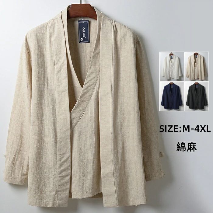 ITEM INFORMATION 素 材 コットン、亜麻 カラー ホワイト、ベージュ、ネイビー、ブラック サイズ サイズ ・M　　[身幅約110cm　着丈約74cm　肩幅約52cm　袖丈約52cm] ・L　　[身幅約114cm　着丈約76cm　肩幅約54cm　袖丈約53cm] ・XL　 [身幅約118cm　着丈約78cm　肩幅約56cm　袖丈約54cm] ・XXL　[身幅約122cm　着丈約80cm　肩幅約58cm　袖丈約55cm] ・3XL　[身幅約126cm　着丈約82cm　肩幅約60cm　袖丈約56cm] ・4XL　[身幅約130cm　着丈約84cm　肩幅約62cm　袖丈約57cm] *生地の特性上誤差が生じる場合がございます。 *海外輸入品のため小さめのお作りになっております。普段着ているサイズより1～2サイズほど大きいものをおすすめいたします。 生産国 中国 ●注意点 ・機械による生産の為、生地の継ぎ目の若干のズレやほつれなど、形やサイズに多少の誤差が生じる場合がございます。 また、混紡繊維によって生地の織りに他繊維が混紡している場合もございます。 ・ 天然皮革・素材を使用している商品によっては、天然素材の特性上、部位により風合いやシミ・シワ感や焦げ、濃淡など多少の個体差がある場合があります。あらかじめご了承ください。 ・商品は十分な検品を徹底しておりますが万が一お送りした商品が不良品である場合、またはご注文品と異なる場合は、商品到着後7日以内にご連絡ください。返品または交換にてご対応させていただきます。 　 決済・配送・返品について>> 詳しくはこちらへ 関連商品はこちら