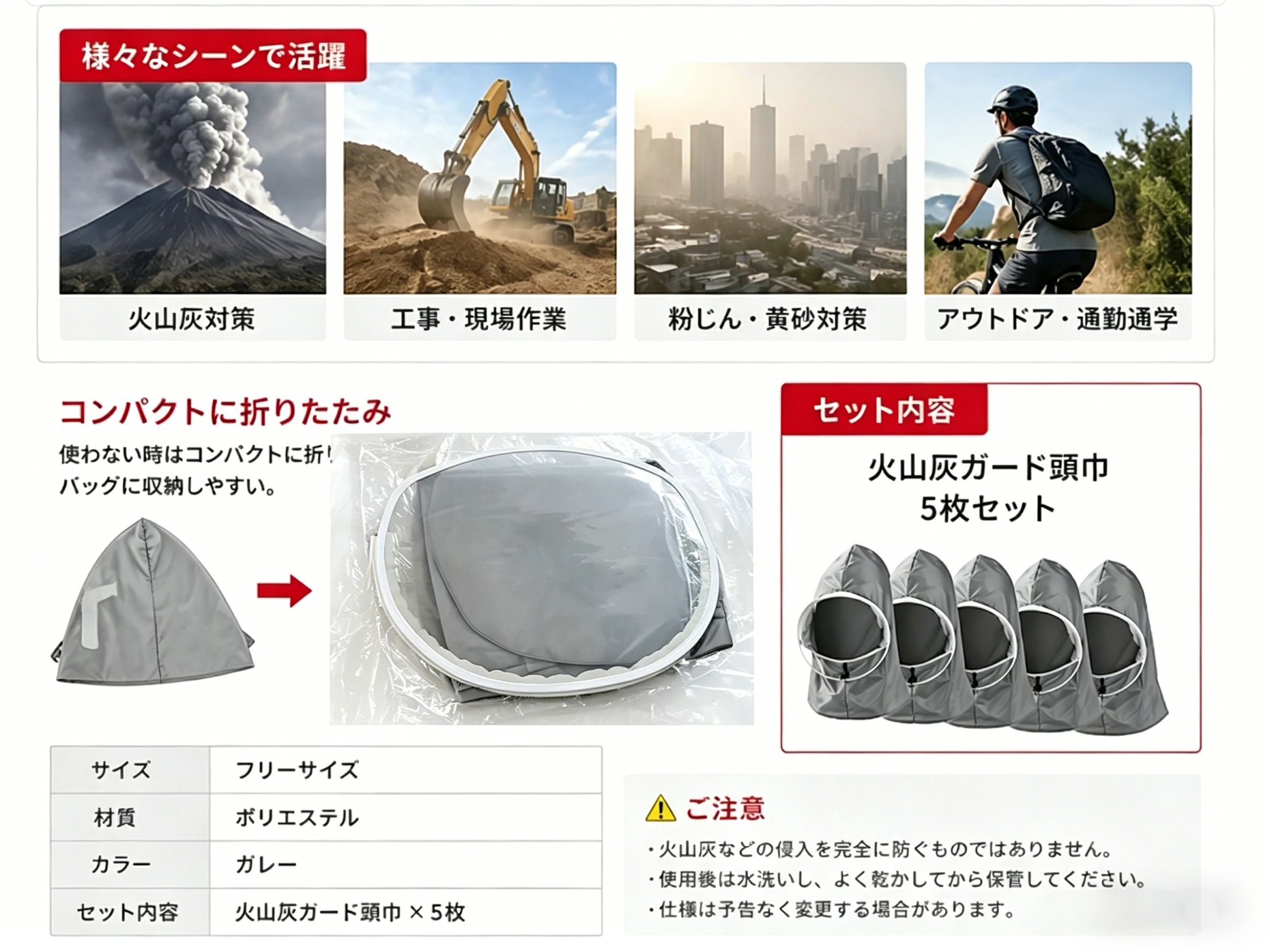 防火山灰ガード頭巾 火山灰 防塵ゴーグル 一体型 5枚入り 防塵マスク 防塵ゴーグル 火山灰 災害用 曇り止め加工 サステナブル 呼吸がし 3