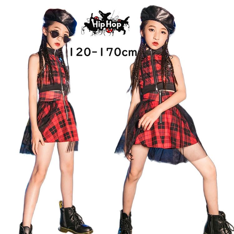 乐天商城 - ★ 赤 チェック柄 公演服 ドラムショー キッズ ダンス 衣装 チア チアガールズ スカート チェックトップス キュロット ステージ衣装 セ