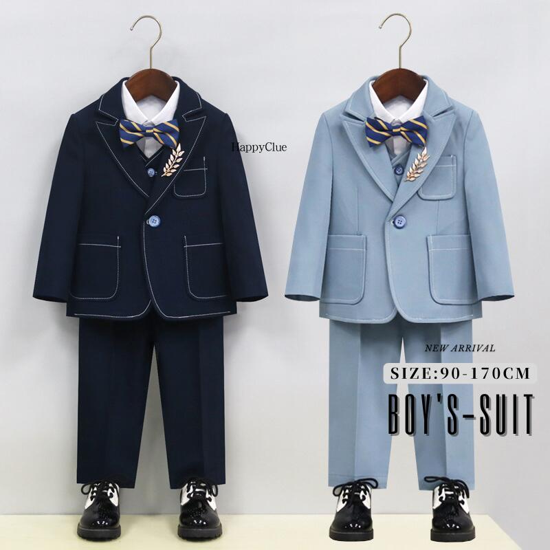 商品の詳細 内容 3点セット内容：ジャケット＋パンツ＋蝶ネクタイベスト付き4点セット内容：ジャケット＋パンツ＋ベスト＋蝶ネクタイシャツ付き4点セット内容：ジャケット＋パンツ＋シャツ＋蝶ネクタイ5点セット内容：ジャケット＋パンツ＋ベスト＋シャツ＋蝶ネクタイ 素材 ポリエステル●伸縮性：少し　●生地厚さ：普通 生産国 中国 カラー 写真通り サイズ(単位：cm) 90/100/110/120/130/140/150/160/170 商品について ※サイズ表記は目安です。若干の誤差がある場合がございます。※製造中（縫製、染色など）により商品において色味や柄、サイズに若干の誤差や、生地を織る際に糸の継ぎ目や多少のほつれ等が生じる場合がございますが、品質上の問題ではございませんのでご了承の上お買い求めくださいませ。※お客様ご使用のpc環境により商品画像のカラーが多少異なる場合があります。仕入時期により多少デザインなど異なる場合があります。ご了承ください。※モデルに使用している小物、アクセサリ等はセット内容に含まれません。※発送上の状態によって商品がシワになる場合がございます。予めご了承くださいませ。※商品について問題などがあれば、1週間以内にご連絡ください。1週間後には対応かねます。 発送について ※確認、配送状況、休日を間にする事により、予定より遅くなる可能性がございます。※当店ではラッピングのサービスを行っておりません、ご了承くださいませ。 配送希望時間帯をご指定出来ます午前中・14時～16時・16時～18時・18時～21時ただし時間を指定された場合でも、事情により指定時間内に配達ができない事もございます。 配達会社 ヤマト運輸佐川急便 ? メーカー希望小売価格はメーカーカタログに基づいて掲載しています