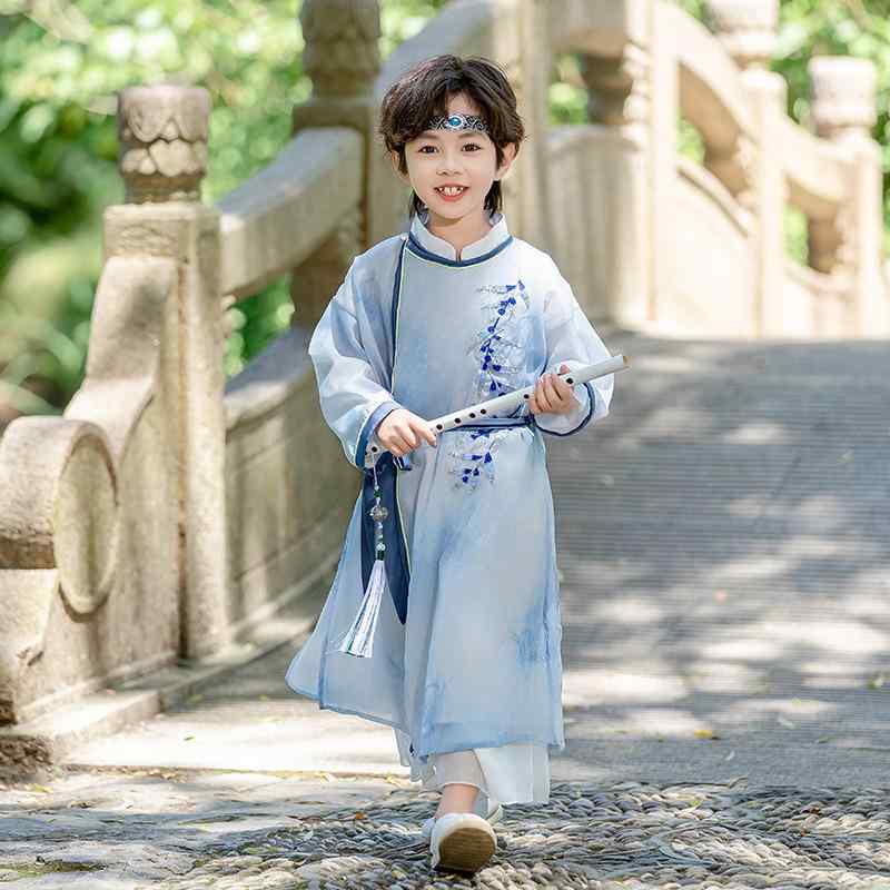 乐天商城 - 漢服 キッズ 男の子 小学生 男児 長着 唐装 チャイナ服 国学服 中華風 ポリエステル 普段使い 日常着 舞台衣装 パフォーマンス 発表会