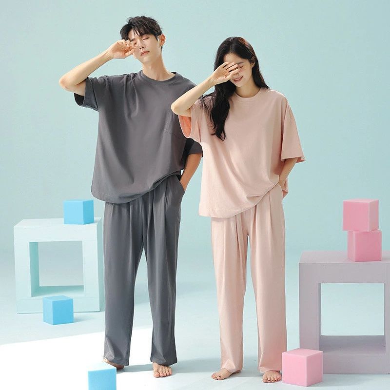 ペア パジャマ 半袖 夏 綿100% 男女2着 セット 春 軽量 綿 半袖トップス ロングパンツ 高級 カップル ルームウェア 春夏 ペアパジャマ
