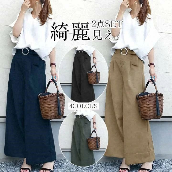乐天商城 - セットアップレディース夏服トップスドルマンスリーブプルオーバーVネックワイドパンツロングパンツ大人おしゃれ夏秋40代50代60代無地き