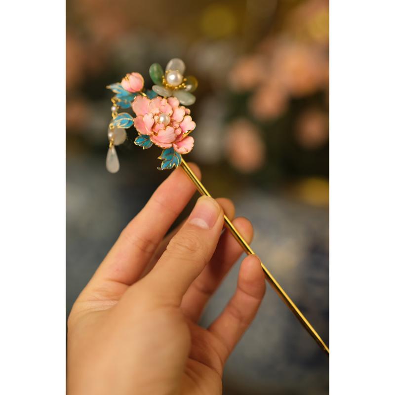 かんざし レディース 七宝焼風 牡丹 パール 彫金細工 復古 中華風 クラシック ヘアアクセサリー 髪飾り U字型 合金製 手作り 上品 エレ