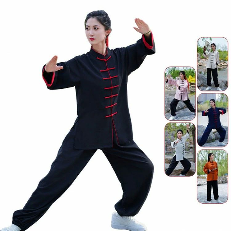 乐天商城 - 太極拳服 太極拳ウェア 上下セット 全6色 男女兼用 レディース メンズ 前開き 長袖 バイカラー カンフー服 中華風 スポーツ服 武術 気功