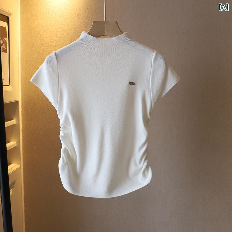 乐天商城 - 半袖トップス レディース モックネックシャーリング ショート丈 タイトシルエット シンプルベーシック定番無地 スタンダードナチュラル
