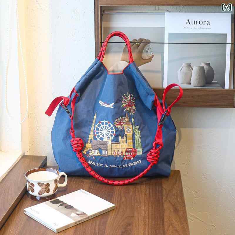 トートバッグ レディース 春夏 ナイロン 刺繡 大容量 ファッション カジュアル 肩掛け 手提げ 鞄 カバン 通勤 普段使い 紺色 水色 ベー 2