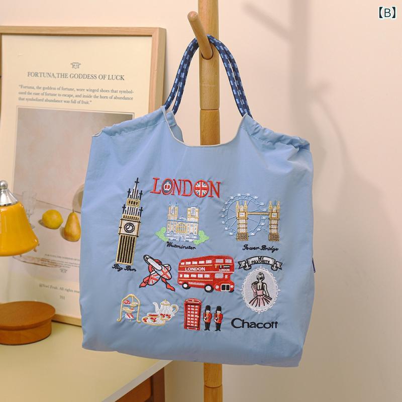 トートバッグ レディース 春夏 ナイロン 刺繡 大容量 ファッション カジュアル 肩掛け 手提げ 鞄 カバン 通勤 普段使い 紺色 水色 ベー 3