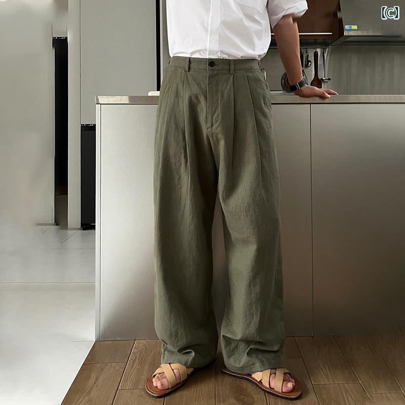 ロングパンツ メンズ リネン混 ワイドパンツ テーパードパンツ ゆったり 涼しい 動...