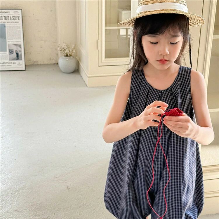 キッズ こども服 女の子 サロペット ロンパース ブルマロンパース ショートロンパース ネービー ギンガムチェック ブルー 無地 コットン