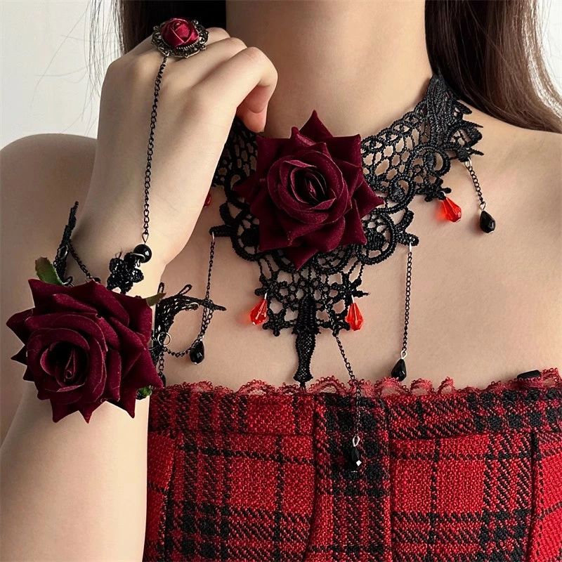 首輪 チョーカー レース ネックレス 腕輪 2点セット パンク PUNK ローズ チェーン レース ベルトネックレス アクセサリー ロックファッ