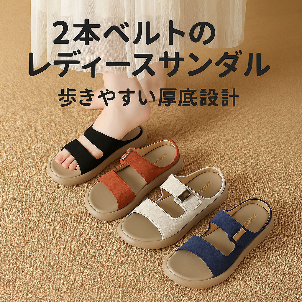 乐天商城 - サンダル レディース 厚底 歩きやすい レディースサンダル カジュアル マジックテープ 軽量 フラット 履きやすいおしゃれ 黒 ベージュ