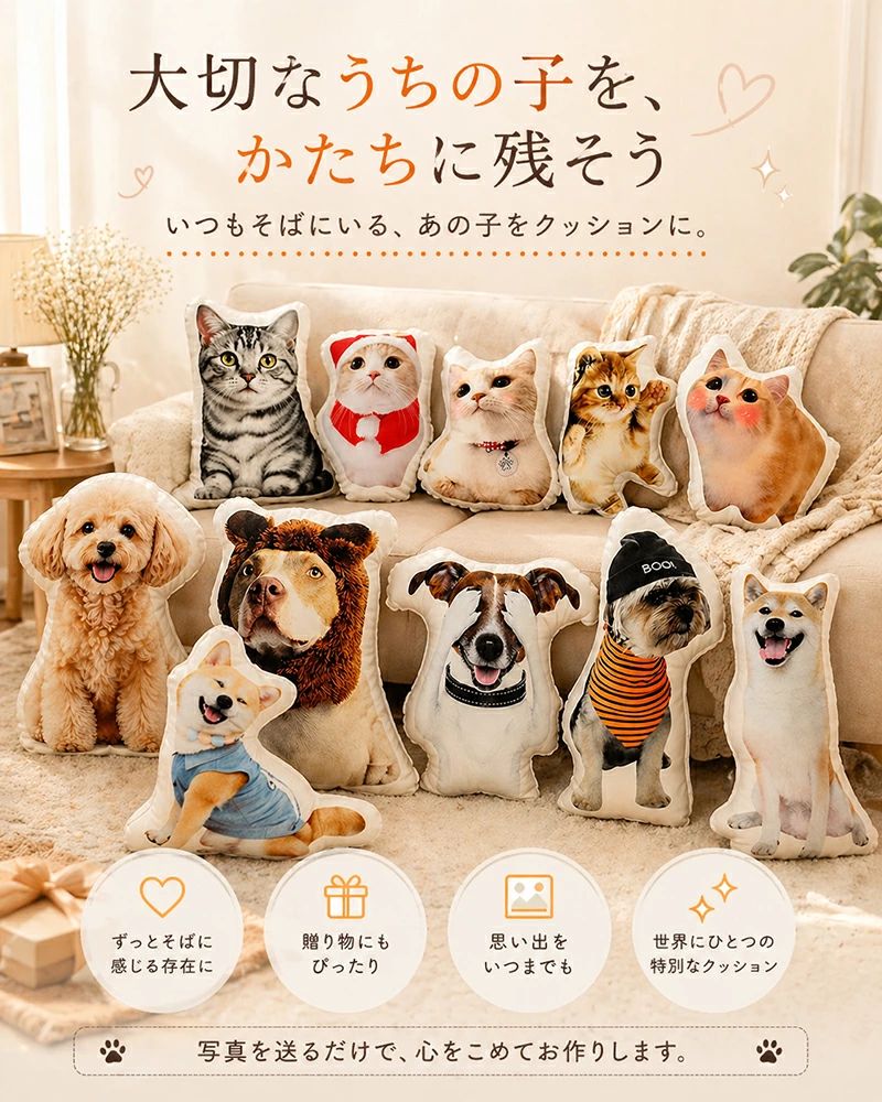 オーダーメイドクッション ペット 写真 クッション 抱き枕 写真入り 両面印刷 ふわ...