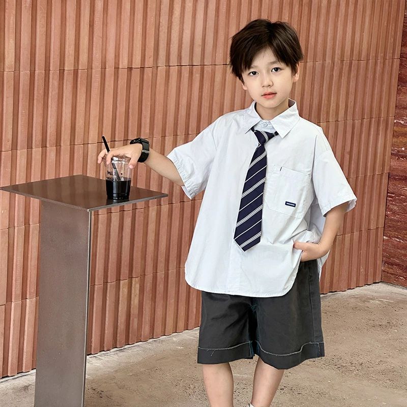 子供シャツ 半袖シャツ ネクタイ付き 男の子 キッズ 子供服 無地 ポケット付き フォーマル ボタンシャツ 通学 学校用 入学式 発表会 七