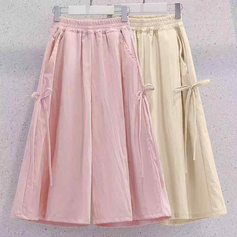 パンツ キッズ 女の子 子供服 7分丈 ワイド キュロット スカート風 接触冷感 涼しい ポリエステル 伸縮性 ピンク系 黒 ブラック グリー