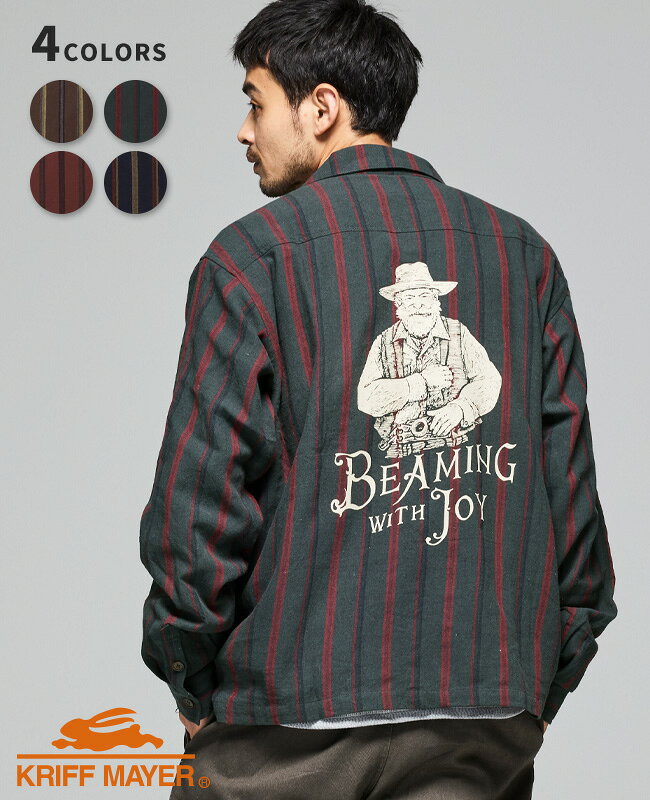 【ブランド直営】ストライプ フランネル シャツ（メンズ ユニセックス 長袖シャツ ストライプシャツ コットン バックプリント オープンカラー 開襟 カジュアル アメカジ ブランド 秋 春）KRIFF MAYERクリフメイヤー【2025FW】 【スーパーセール 2025】のサムネイル