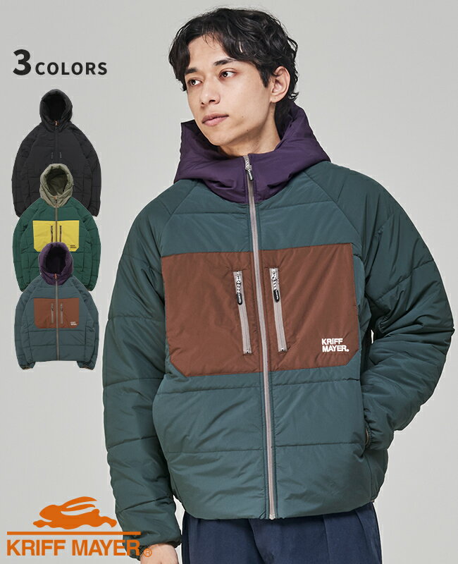 【ブランド直営】中綿 レトロ フード ジャケット メンズ アウター ダウンジャケット 羽織り 刺繍 無地 シンプル カジュアル アウトドア お洒落 配色 カラフル インナーダウン 秋 冬 防寒 暖かい KRIFF MAYERクリフメイヤー【2025FW】