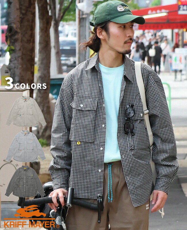 Chambray Shirts - 【ブランド直営】シアサッカー チェック ドア シャツ（メンズ ユニセックス 長袖 チェックシャツ レギュラーカラー カジュアル ストリート スポーティ 羽織り フライングラビット 刺繍 春 夏 秋）KRIFF MAYERクリフメイヤー【2026SS】