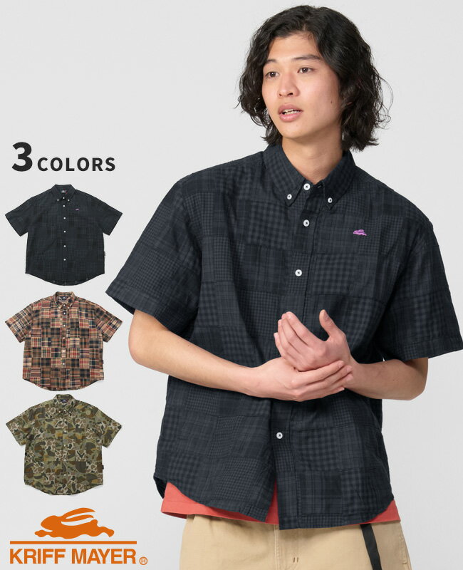 Rakuten - 【ブランド直営】パッチワーク 半袖 シャツ（メンズ ユニセックス チェック柄 カモフラ柄 迷彩柄 ボタンダウン ワンポイント フライングラビット 刺繍 総柄 羽織り おしゃれ アメカジ カジュアル 夏）KRIFF MAYERクリフメイヤー【2026SS】