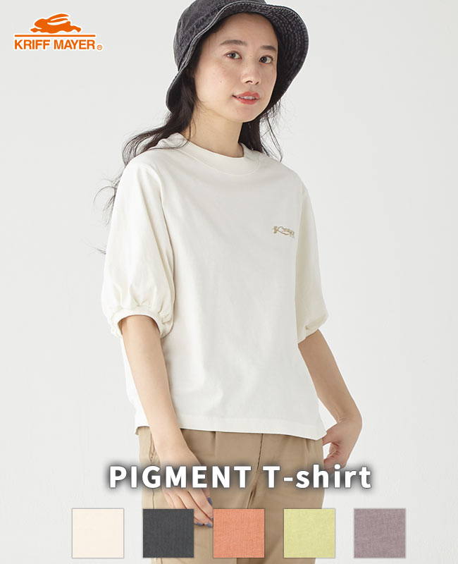 【ブランド直営】 ピグメント 袖 ギャザー T Tシャツ トップス 半袖 綿100 春 夏 ヴィンテージ感 ゆったり 5分袖 刺繍 体型カバー カラフル アメカジ レトロ お洒落 可愛い KRIFF MAYER LADYS クリフメイヤー レディース【2024SS】