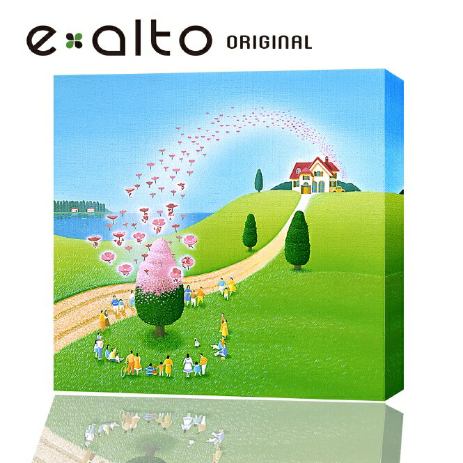 壁掛けアート アートパネル 風景画/イラストレーター 高橋宣孝 たかはしのぶたか/イラスト 絵画/「春no.2」青空 赤い屋根 家 家族 木 花 ピンク 桃色 ...