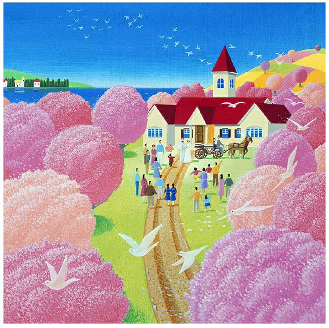 日本全国送料無料 壁掛けアート アートパネル 風景画 イラストレーター 高橋宣孝 たかはしのぶたか イラスト 絵画 風景イラスト 桜に囲まれ赤い屋根の教会での結婚式 春 ４月 鳩 挙式 ウエディング ブライダ Engineering Uclaextension Edu