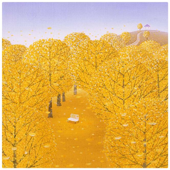 壁掛けアート アートパネル 風景画/イラストレーター 高橋宣孝 たかはしのぶたか/イラスト 絵画/風景画　秋いちょう並木の中の白いベンチの絵