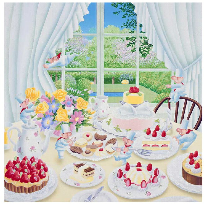 楽天市場 壁掛けアート アートパネル 風景画 イラストレーター 高橋宣孝 たかはしのぶたか イラスト 絵画 メルヘンイラスト いちごケーキをテーブルにセットする妖精 小人 おやつ ケーキ スイーツ パティシエ デザート パーティ 春 風景 花 ファンタジー エアルトアート