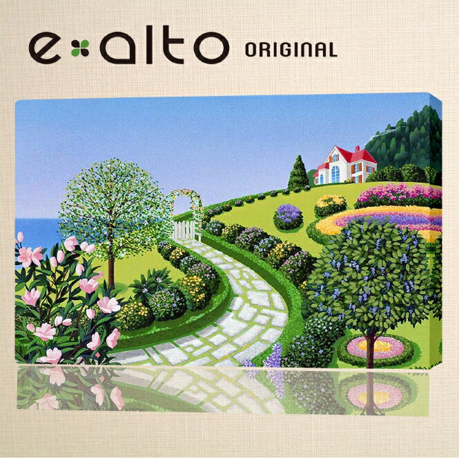 壁掛けアート アートパネル 風景画/「風景画 赤い家とお花の庭に石畳」りんどう 水仙 紫 ピンク 黄色 花 石 道 青空 海 赤い屋根