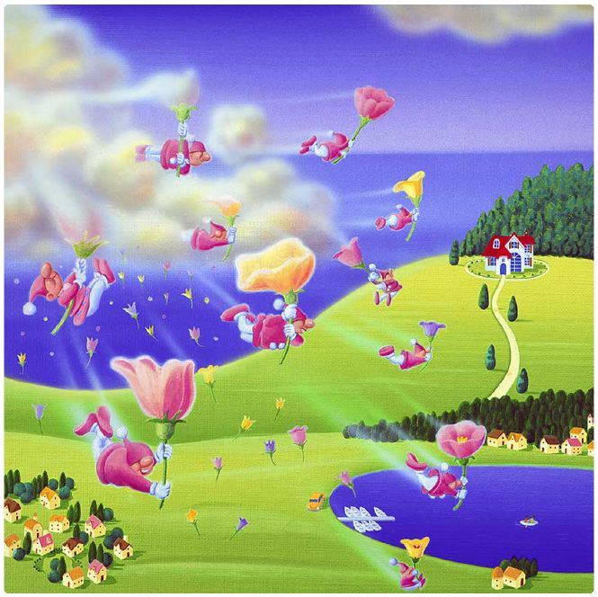 楽天市場 壁掛けアート アートパネル 風景画 イラストレーター 高橋宣孝 たかはしのぶたか イラスト 絵画 風景画 花雲と春の風に乗って花を運ぶ妖精 達の絵 エアルトアート