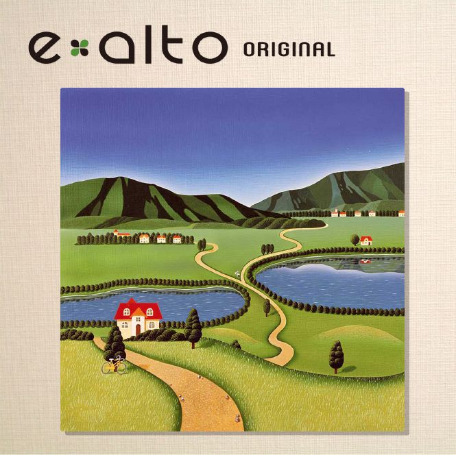 壁掛けアート アートパネル 風景画/イラストレーター 高橋宣孝 たかはしのぶたか/イラスト 絵画/風景画 赤い屋根と二つの池がある風景 イラスト