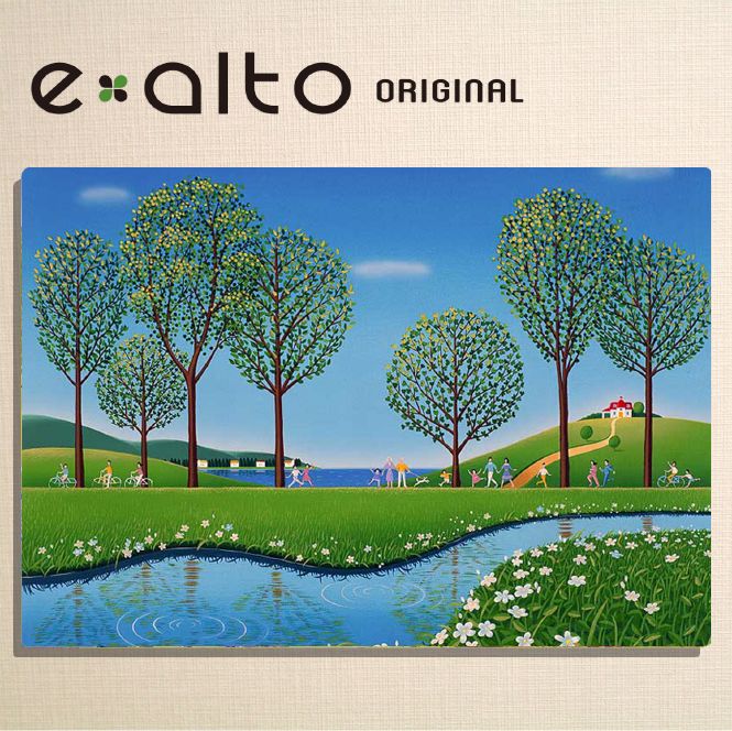 壁掛けアート アートパネル 風景画/イラストレーター 高橋宣孝 たかはしのぶたか/イラスト 絵画/風景画 春のサイクリングを楽しむ親子のイラスト