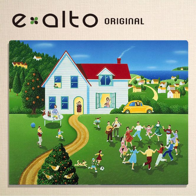 壁掛けアート アートパネル 風景画/イラストレーター 高橋宣孝 たかはしのぶたか/イラスト 絵画/風景画 フォークダンスを楽しむ人々と赤い屋根の家