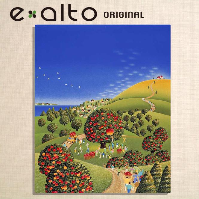 壁掛けアート アートパネル 風景画/イラストレーター 高橋宣孝 たかはしのぶたか/イラスト 絵画/風景画 秋のりんご園でりんご狩りをする人々の絵