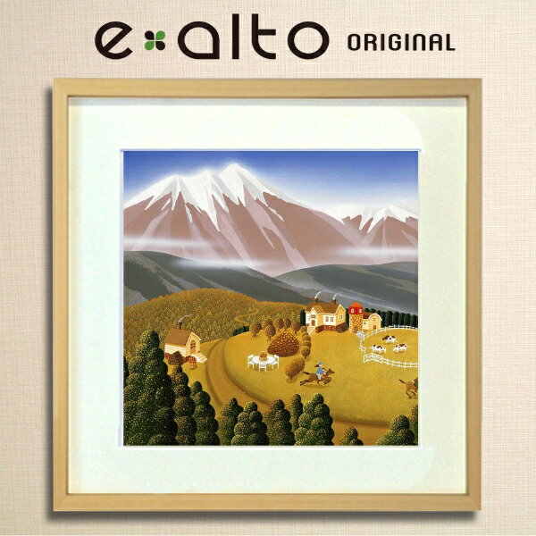 壁掛けアート 額縁付アートパネル 風景画/イラストレーター 高橋宣孝 /イラスト 絵画/風景画 丘の牧場の秋の一コマ、薪割りと乗馬の絵