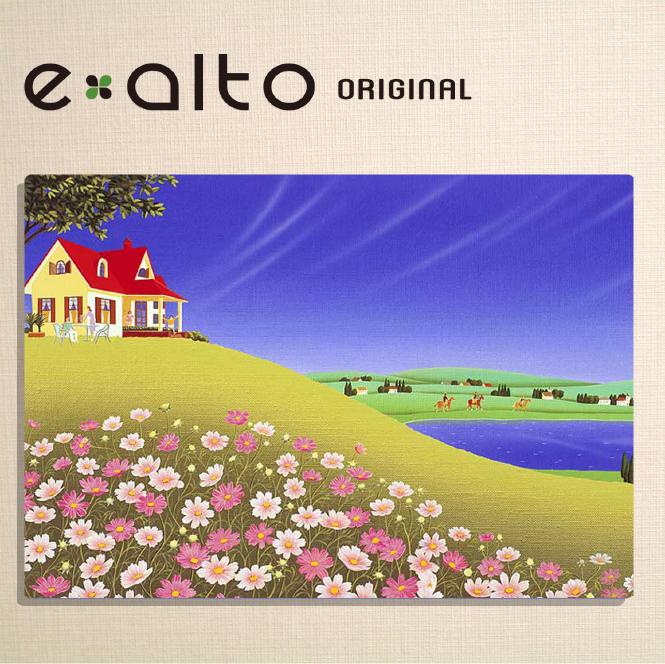 壁掛けアート アートパネル 風景画/イラストレーター 高橋宣孝 たかはしのぶたか/イラスト 絵画/風景画 コスモスが咲き乱れる丘と赤い屋根の家の絵