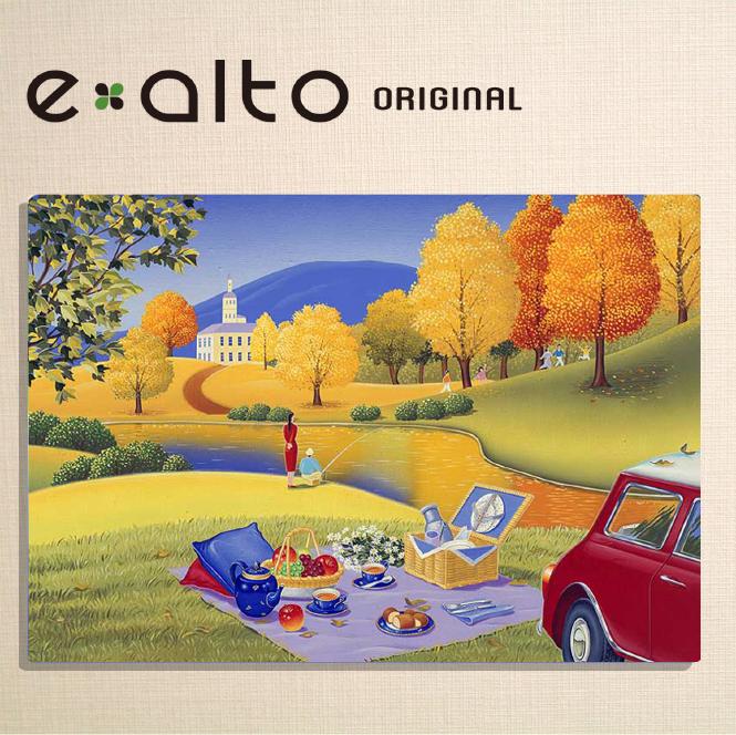 壁掛けアート アートパネル 風景画/イラストレーター 高橋宣孝 たかはしのぶたか/イラスト 絵画/風景画 赤い車とピクニックをする二人、秋の風景