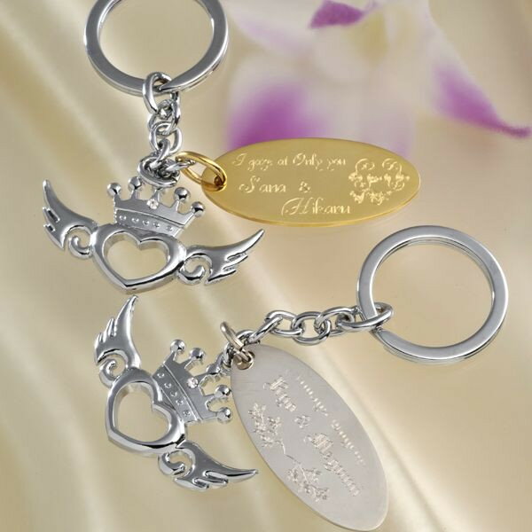 【名入れ専門】【名入れ プレゼント】 オリジナルオーバルプレートセット 王冠羽ハートキーリング-カップルセット