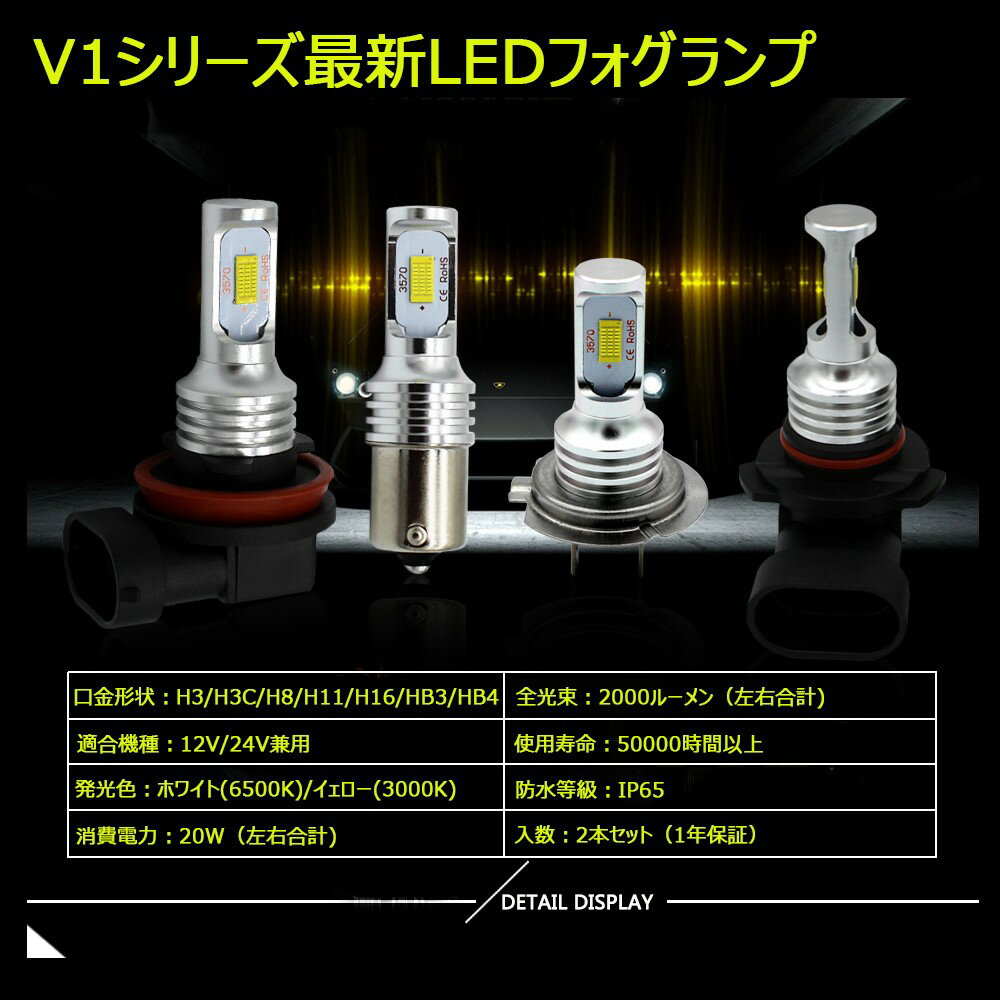 送料無料 LED フォグランプ H3 H7 H8 H11 H16 HB3 HB4 12 24V 最新 CSP3570チップ 72W 相当 2000lm ホワイト イエロー アイスブルー 選択可 2本セット