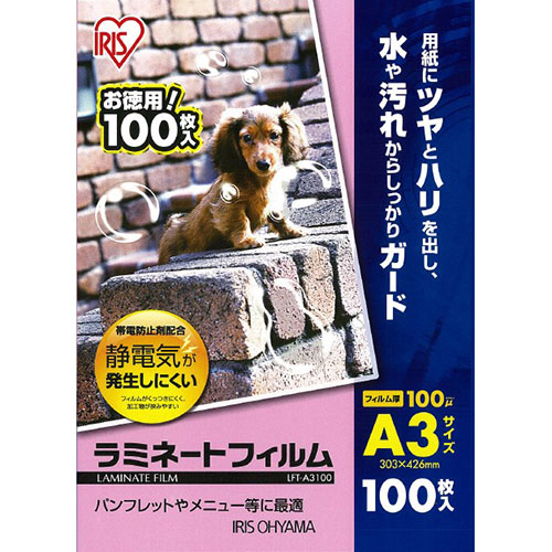 アイリスオーヤマ アイリスオーヤマ 帯電防止剤配合ラミネートフィルム 100ミクロン A3(LFT-A3100) 目安在庫=○