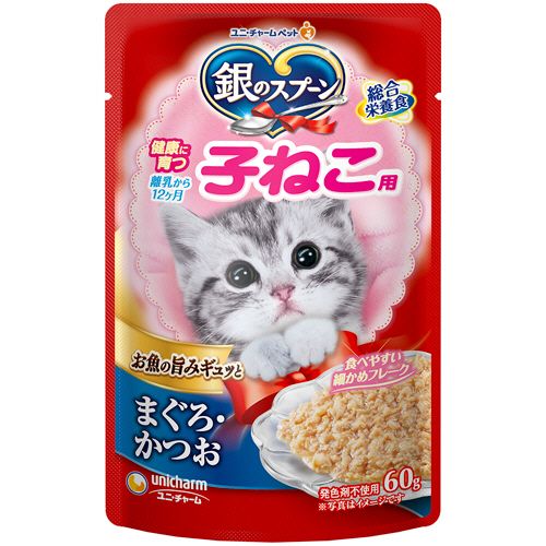 樂天商城 - ユニ・チャーム 銀のスプーン パウチ(ウェット) 健康に育つ子猫 まぐろ・かつお 60g 1セット(16パック)(4520699600139 x16) 目安在庫=○
