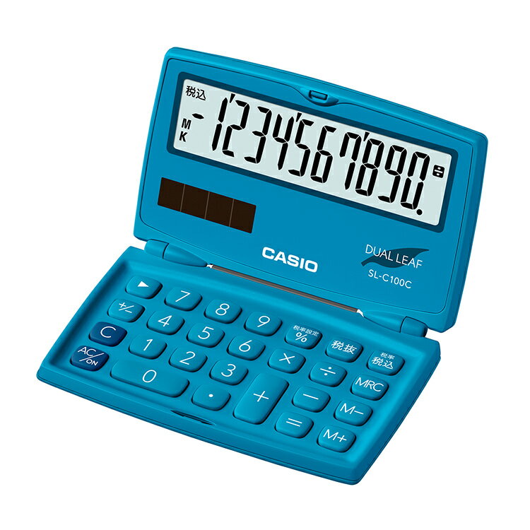 【2000円オフクーポン&ポイント最大46倍!16日1:59迄】折りたたみ電卓 SL-C100C-BU-N カシオ CASIO レイクブルー 青 緑 10桁表示 税計算 2電源 ソーラー 小型 手帳 折り畳み 二つ折り 電卓