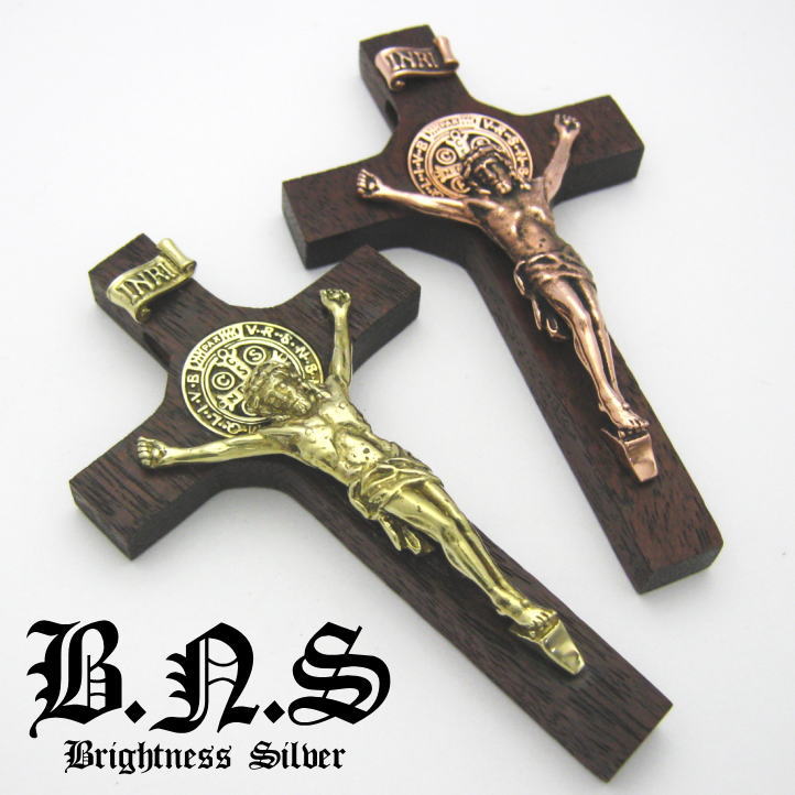 大きな聖ベネディクトキリストクロスロザリオペンダント 真鍮 銅×ウッド、木 brass copper wood Jesus Christ rosario cross pendant