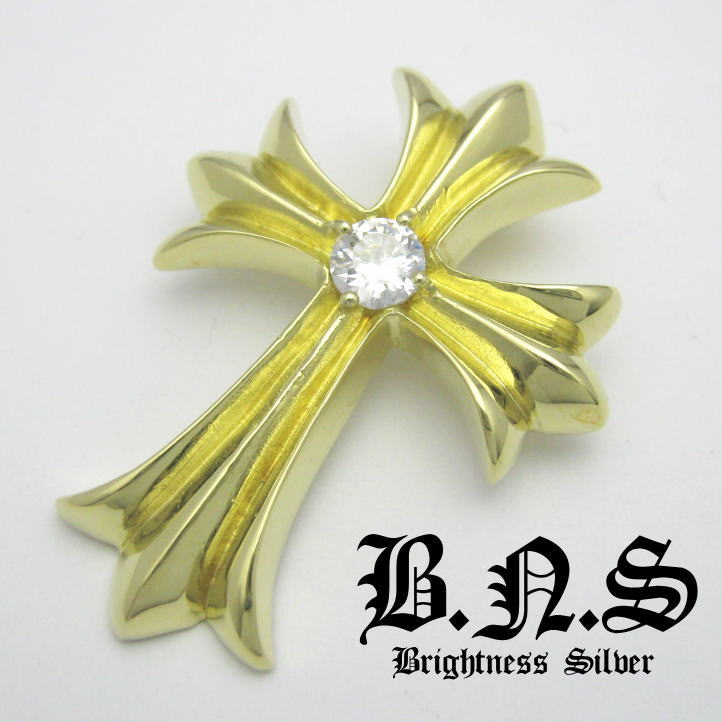 ストーンゴールドゴシッククロスペンダント　クリア　真鍮　ブラス　CZジルコニア